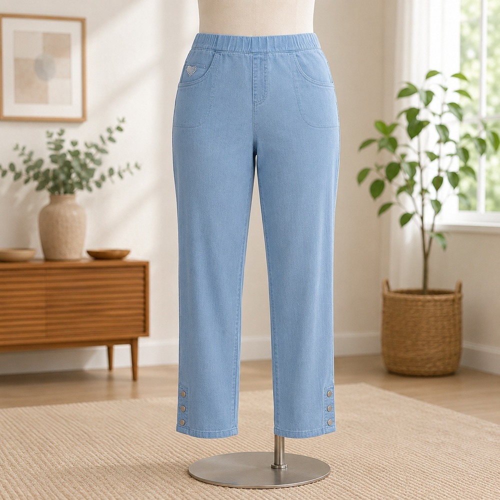 NWT Quacker Factory DreamJeannes Pants Womens 4X Blue Rhinestone Heart Snap Hem